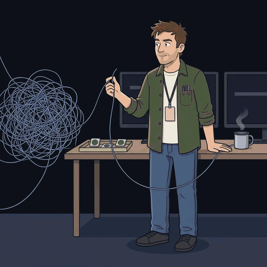 A lanky practitioner in an olive overshirt holds the single clean end of a fine thread pulling from a large tangled snarl. Small marked tiles drop from the straightened run into a tray on his desk, beside a steaming enamel mug and two blank monitors.