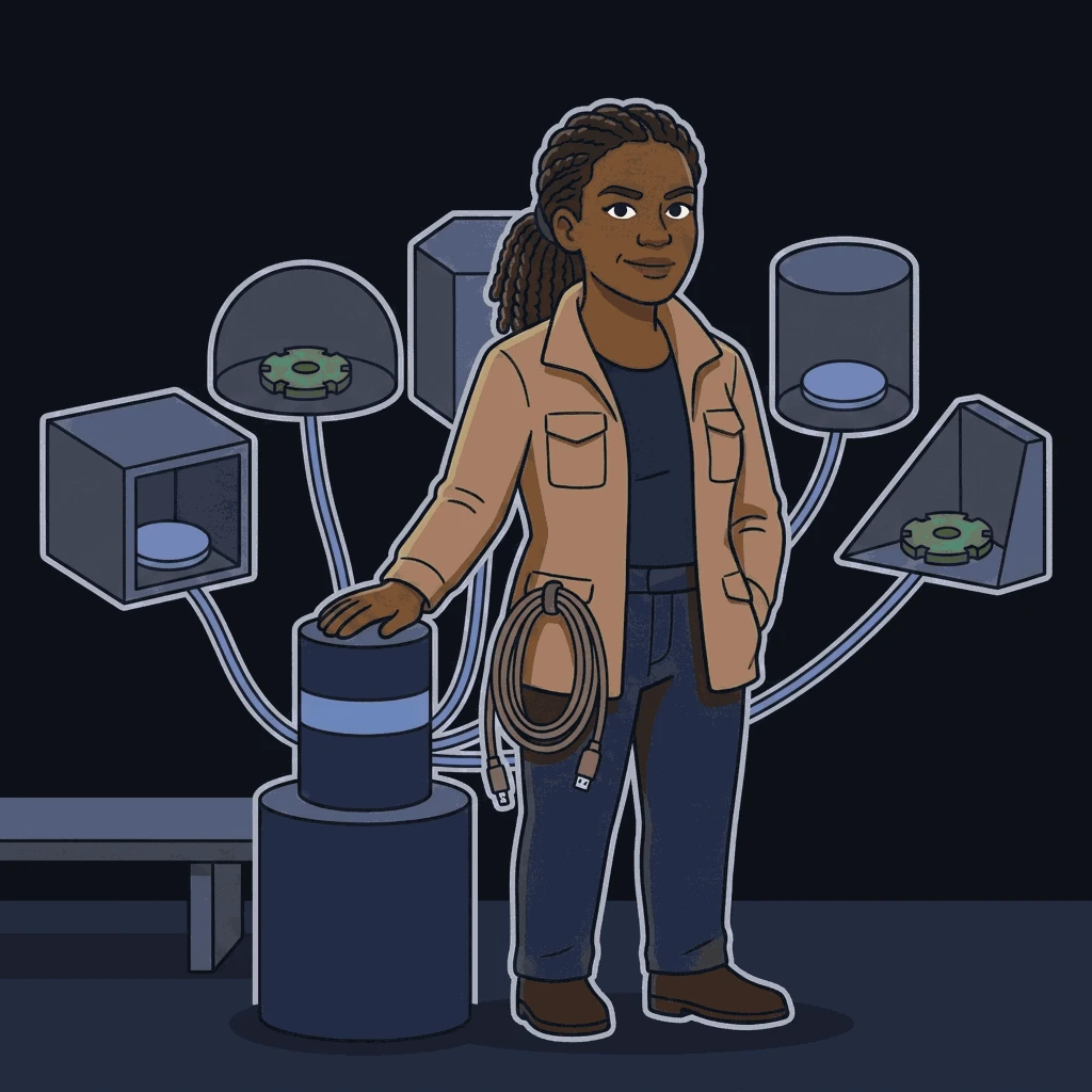 A service-provider operator in an open tan field jacket rests one hand on a low cylinder and the other in her pocket. Five cables of exactly equal length fan out behind her to five separate enclosures, evenly spaced, with not one cable crossing another.