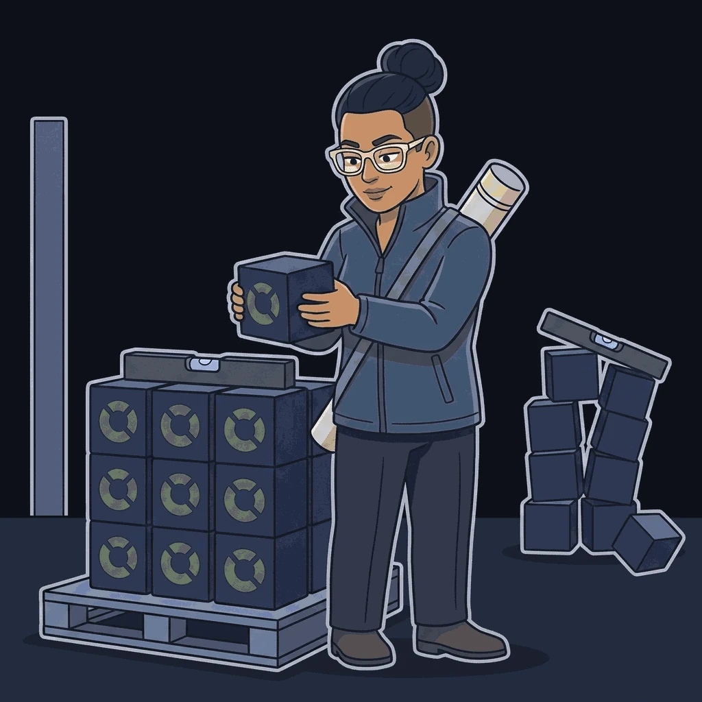 A systems integrator in a slate-blue softshell and heavy bone-rimmed glasses lifts a cube onto her own stack, which is square, aligned, and marked identically on every face. Behind her a rival heap of the same cubes leans crookedly with one fallen to the floor and no markings at all, and nobody is standing near it.