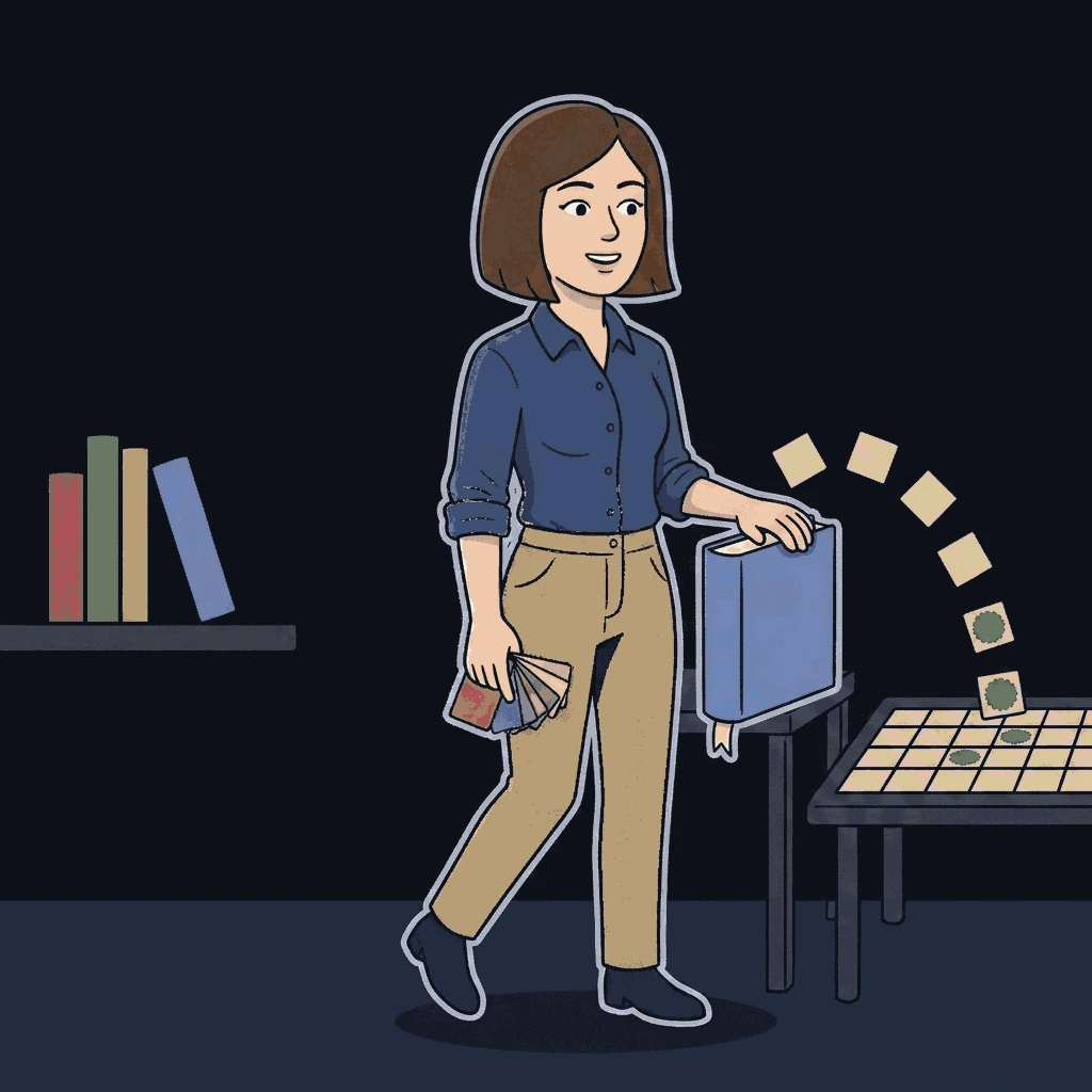 A compliance officer in an indigo shirt and khaki trousers walks on, one hand resting flat on a thick closed book standing upright. A stream of small tiles arcs out of the closed book and settles itself into a neat aligned grid on a low table. The book's ribbon marker hangs unused.