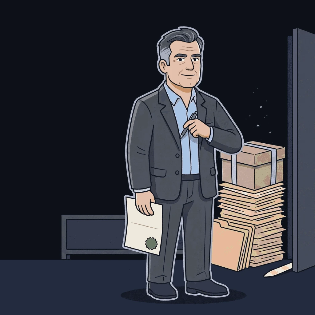 A senior security officer in a buttoned charcoal blazer holds one slim sheet at his side while sliding a capped pen back into his breast pocket. Beside him stands a waist-high pile of closed, unopened folders with a strapped box on top, and one folder wedged flat under a door to hold it ajar.