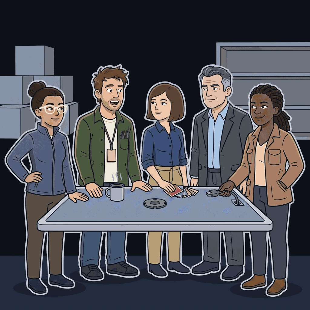 Five colleagues stand in a shallow arc behind a low table with a flat slab on it. From the left: a woman in a slate softshell and bone-rimmed glasses, a man in an olive overshirt talking mid-sentence, a woman in an indigo shirt and khaki trousers listening, an older man in a charcoal blazer looking down at the slab, and a woman in a tan field jacket with a connector plugged into its edge. A mug steams beside them, unattended. Nobody is posing or celebrating.
