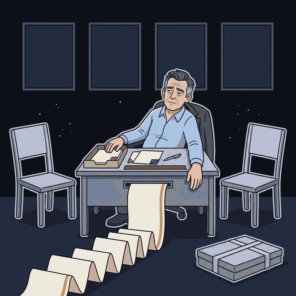 A man sits slumped at a desk, his blazer hung over the chair back, looking at an empty chair beside him. An unbroken ribbon of blank paper unrolls from the desk and folds across the floor toward the viewer. Two folded sheets sit untouched in a tray, one tabbed olive and one indigo. On the wall behind him, four screens are completely dark.