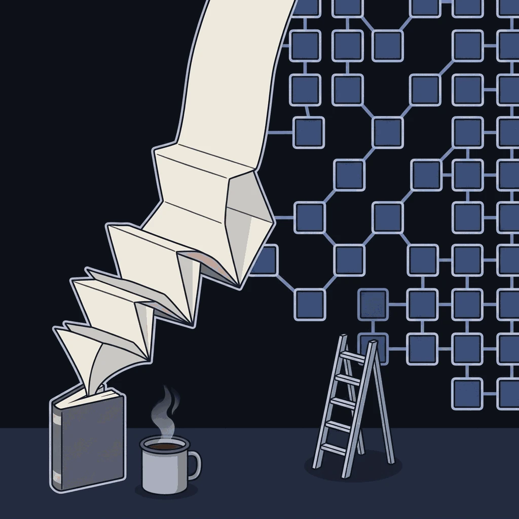 A small closed book sits on the ground, its pages erupting upward into a concertina that doubles at every fold until it becomes a vast lattice of linked tiles running off the top and side of the frame. A five-rung stepladder leans against it, reaching only the third row. A full mug steams beside the book, its owner not yet arrived.