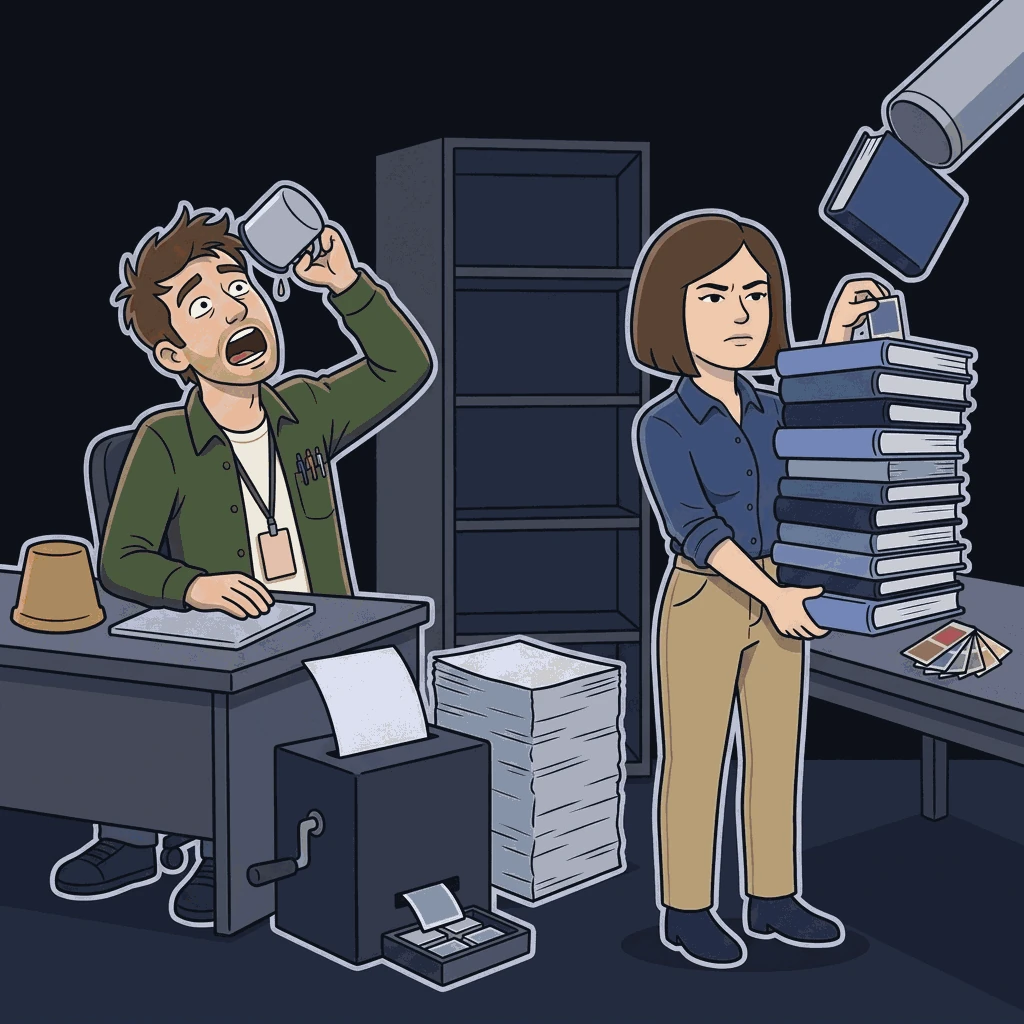 Two adjacent desks. At one, a man tips a mug fully vertical over his open mouth for a last drop while his other hand keeps working; an upended pot stands empty beside him. At the other, a woman braces a chin-high stack of volumes with one forearm while still filing a tab with the other, as a duct overhead drops another volume onto the pile.