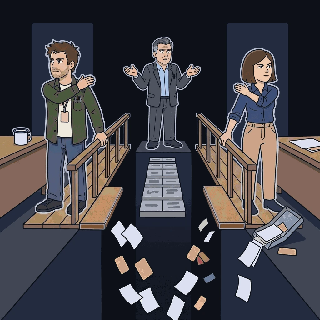 Two people stand on separate islands with a void between them, each building a half-bridge toward the other. Both spans are equally well made and both stop short, missing each other. Each gestures backwards at the other without looking. Between and behind them a third stands with palms raised, baffled. A wedge of stacked dashboard panels is driven between the islands, and loose sheets fall into the gap.