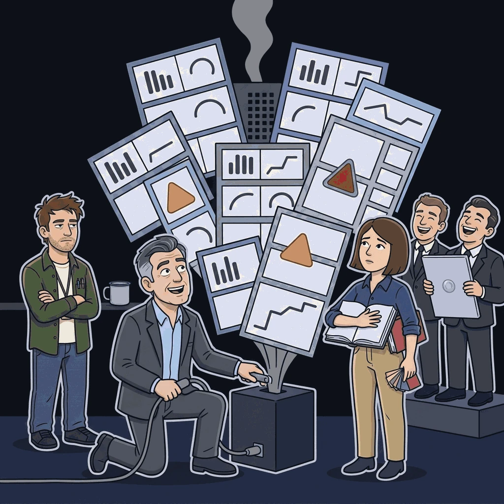 A man kneels to plug in a second identical box while ten overlapping dashboard panels fan up and out above him. A woman looks up from two open volumes, trying to keep pace. A third man stands apart with his arms crossed low, flat and tired. Two identical salesmen laugh on a riser at the right. Behind everything, a thin column of smoke rises from a vent, and nobody is looking at it.